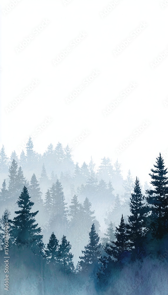 Obraz premium Vertical Watercolor Misty Pine Skyline with Cool Gradients and Airy Space