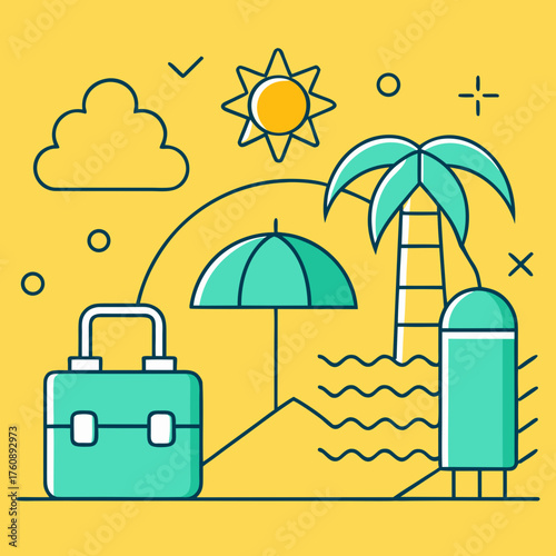 “Summer Vacation Line Art Vector | Minimal Beach Outline Illustration | Holiday Travel Design”