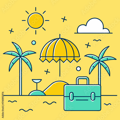 “Summer Vacation Line Art Vector | Minimal Beach Outline Illustration | Holiday Travel Design”