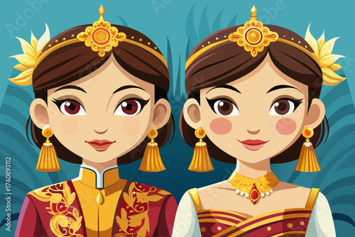 Vector of woman wearing Chut Thai, a traditional Thai costume with silk fabric, golden belt, and decorative patterns.