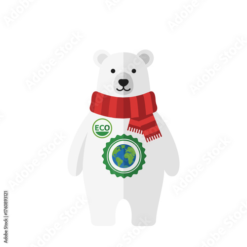Cartoon polar bear wearing red scarf and eco-friendly badge  