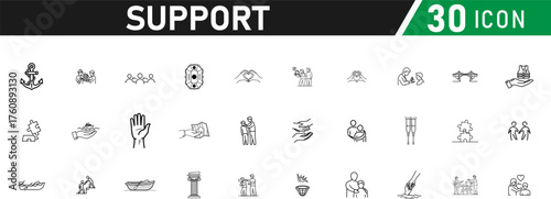 Set of Support icon.  daily plan, accountability circle, slow progress arrow, support journal, recovery meter, peer cheer, follow-up icon. editable liner style