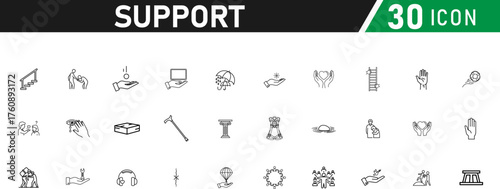Set of Support icon.  daily plan, accountability circle, slow progress arrow, support journal, recovery meter, peer cheer, follow-up icon. editable liner style