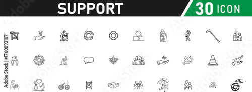 Set of Support icon.  daily plan, accountability circle, slow progress arrow, support journal, recovery meter, peer cheer, follow-up icon. editable liner style