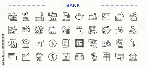 Bank linear icon set. Editable stroke collections. Investment icon set in linear style. Contain linear sign payment, pay, wealth, money, currency and more.
