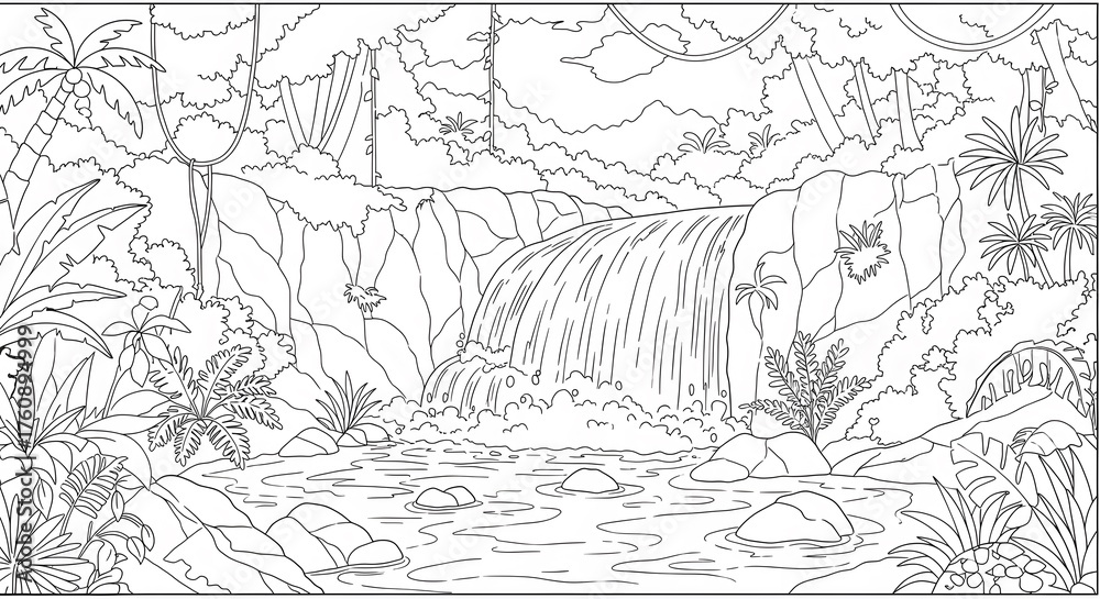 Fototapeta premium Serene Jungle Waterfall with Lush Vegetation and Tropical Plants, Nature Scene