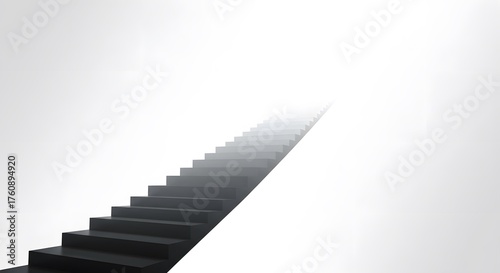 Staircase leading up into bright white light and fog, symbolizing hope and success