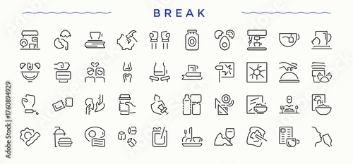 Break icon pack. Modern vector UI icons. Includes thin line symbols relaxation, christmas, vacation, travel, holiday. Editable vector. Holiday icon.