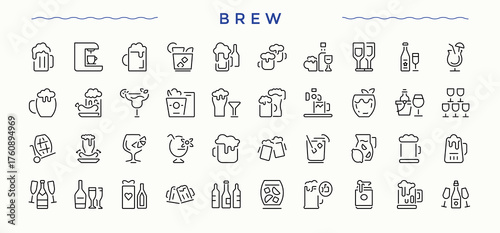 Brewing icon set in linear style. Contains related to drink, brew, glass, hop, bar. Beer vector line icon set. Minimal linear icons. Vector illustration in modern line style.