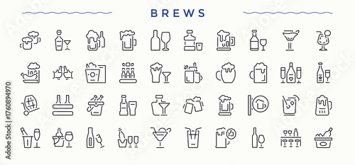 Brews icon set. Brew icon set in linear style. Web icons pack. Contains outline symbols like beer, mug, hop, malt and more. Vector artwork and illustration.