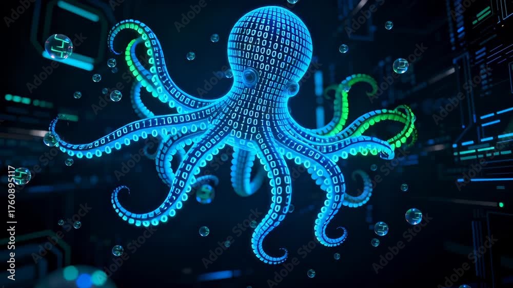 Binary code octopus with curling tentacles floating in digital space ...