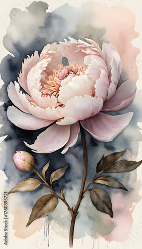 Soft watercolor peony unfurling amidst ink brushstrokes on antique textured paper backdrop
