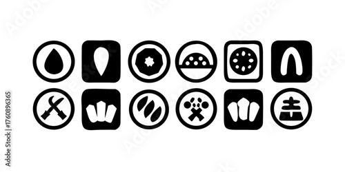 Eight black and white icons representing baking and food items on a white background collection.
