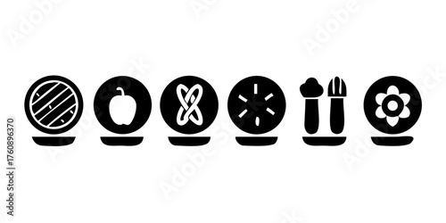 Eight black and white icons representing baking and food items on a white background collection.

