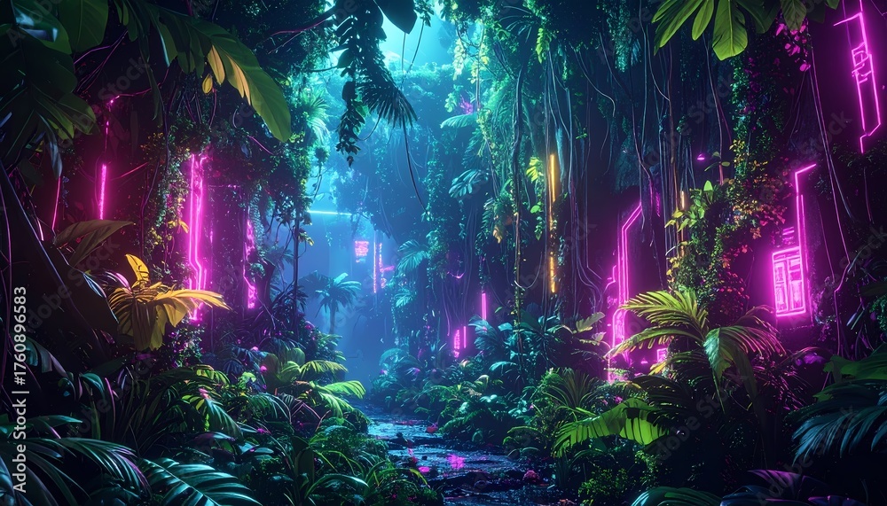 Fototapeta premium Vibrant Neon Jungle with Glowing Plants and Mystical Atmosphere.
