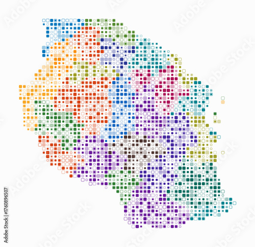 Tanzania, shape of the country build of colored cells. Digital style map of the Tanzania on white background. Small size rounded square blocks. Amazing vector illustration.