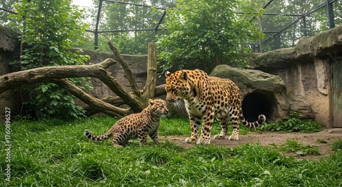 Mother Leopard and Cub Interacting in a Zoo Enclosure with Rocky Background