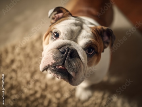Brown and white bulldog wit...