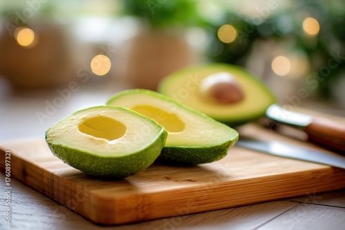 Fresh avocado halves sit on...