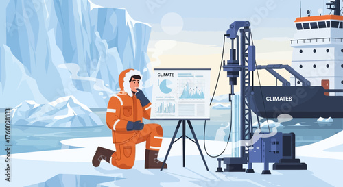 Arctic climate research: scientist examining data near drilling rig and ship