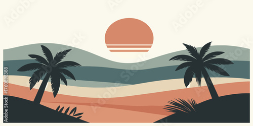 Serene retro-inspired sunset scene with stylized palm trees and undulating desert landscape.