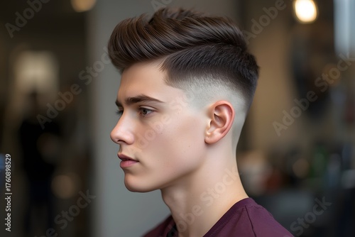 High Skin Fade Haircut with High Volumed Pompadour on Clean-Shaven Man