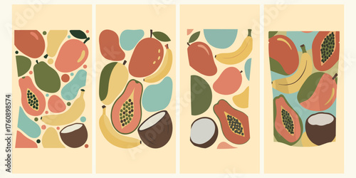 Vibrant tropical fruit illustrations with abstract organic shapes, featuring mangoes, bananas, papayas, and coconuts, ideal for modern summer and healthy lifestyle designs