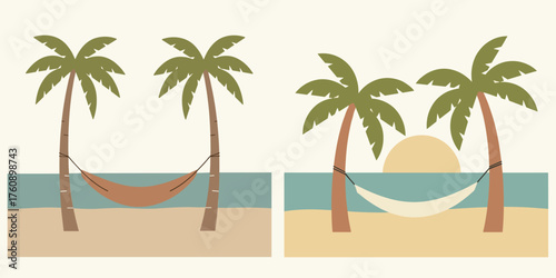 Two tropical beach scenes with palm trees and hammocks, one with a sunset