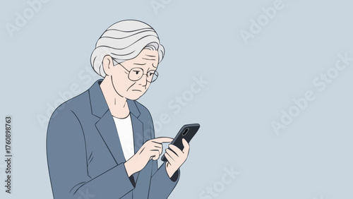 Simple illustration. Line art. An image illustration depicting an elderly woman struggling to operate a smartphone. Scam. Spam. Difficult.