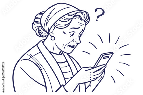Simple illustration of elderly people struggling with electronic devices. Vintage. Old man. Old woman. Smartphone. Nuisance calls. Spam. Apps. Stocks. Gambling.