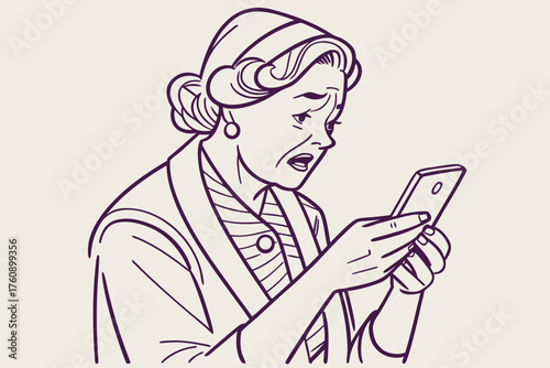 Simple illustration of elderly people struggling with electronic devices. Vintage. Old man. Old woman. Smartphone. Nuisance calls. Spam. Apps. Stocks. Gambling.