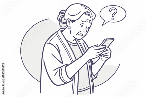 Simple illustration of elderly people struggling with electronic devices. Vintage. Old man. Old woman. Smartphone. Nuisance calls. Spam. Apps. Stocks. Gambling.