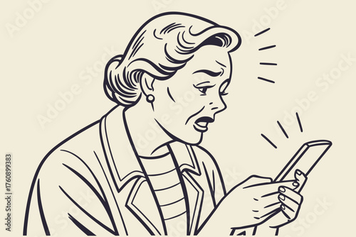 Simple illustration of elderly people struggling with electronic devices. Vintage. Old man. Old woman. Smartphone. Nuisance calls. Spam. Apps. Stocks. Gambling.