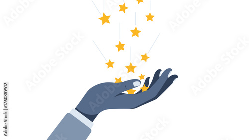 Hand catching falling stars flat illustration with simple design concept for success achievement and positive feedback