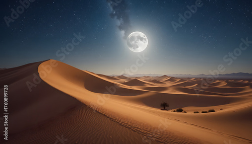 Star filled desert night with towering dunes illuminated by ethereal moon glow