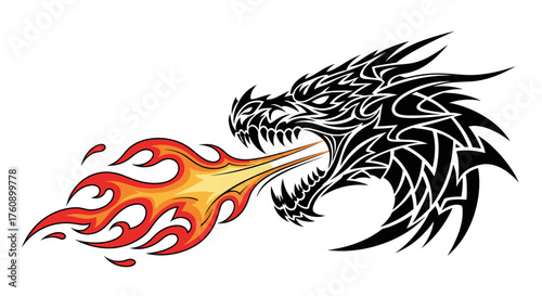 Tribal dragon head tattoo design spitting fire vector illustration fantasy art mythical creature artwork