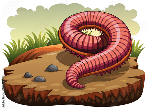 Realistic vector illustration of earthworm crawling in soil, segmented body texture, pink-brown tone, isolated on light background, underground nature concept