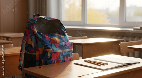 Colorful Backpack on Student Desk, Back to School Concept