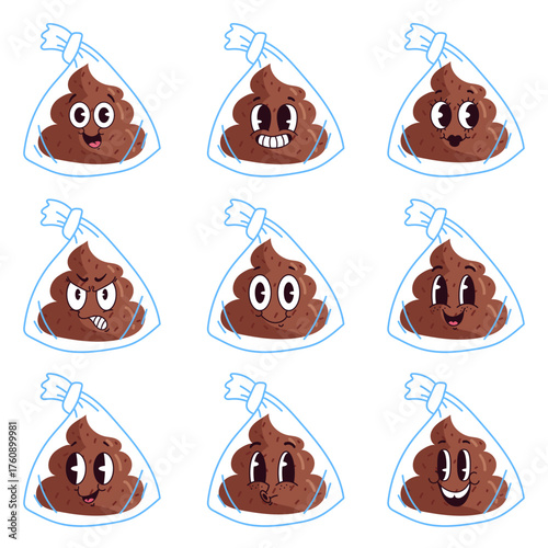 Poop excrement cute character kawaii in plastic bags isolated set. Vector graphic design illustration