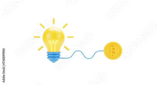 Glowing light bulb powered by a bitcoin cryptocurrency coin representing financial innovation and digital currency ideas isolated on transparent background