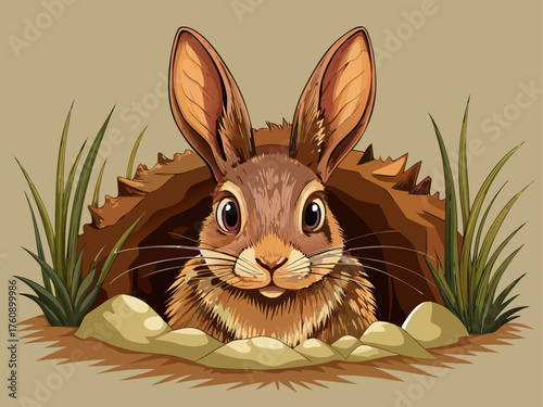Realistic vector of brown rabbit peeking from underground burrow, detailed fur texture, isolated on light beige background, cute wildlife vector art