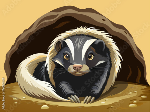 Realistic vector of skunk peeking from underground burrow, black and white fur, isolated on light brown background, detailed wildlife art
