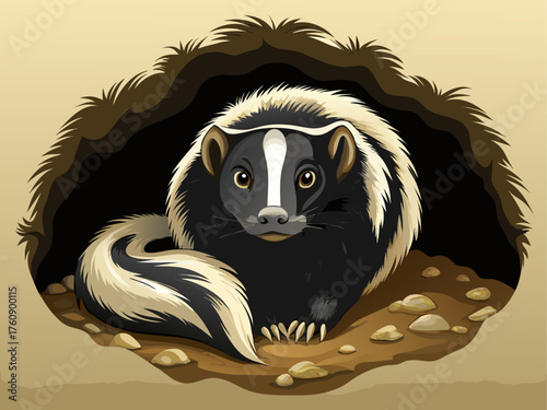 Realistic vector of skunk peeking from underground burrow, black and white fur, isolated on light brown background, detailed wildlife art