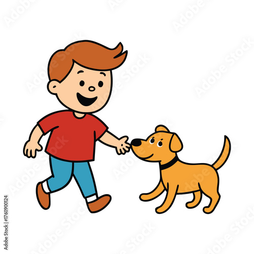 the boy is playing with the dog
