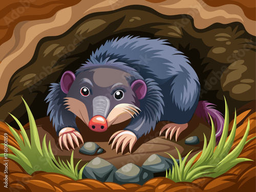 Realistic vector illustration of a mole digging underground tunnel, soft dark gray fur, small eyes, long claws, isolated on brown background, detailed wildlife art