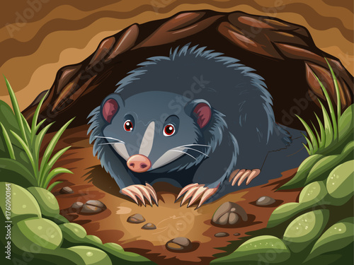 Realistic vector illustration of a mole digging underground tunnel, soft dark gray fur, small eyes, long claws, isolated on brown background, detailed wildlife art