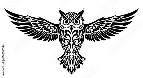 Tribal owl tattoo design vector illustration flying owl with open wings black and white graphic nocturnal bird