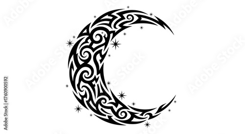 Tribal moon crescent vector design for tattoo art and celestial graphic illustration with star elements