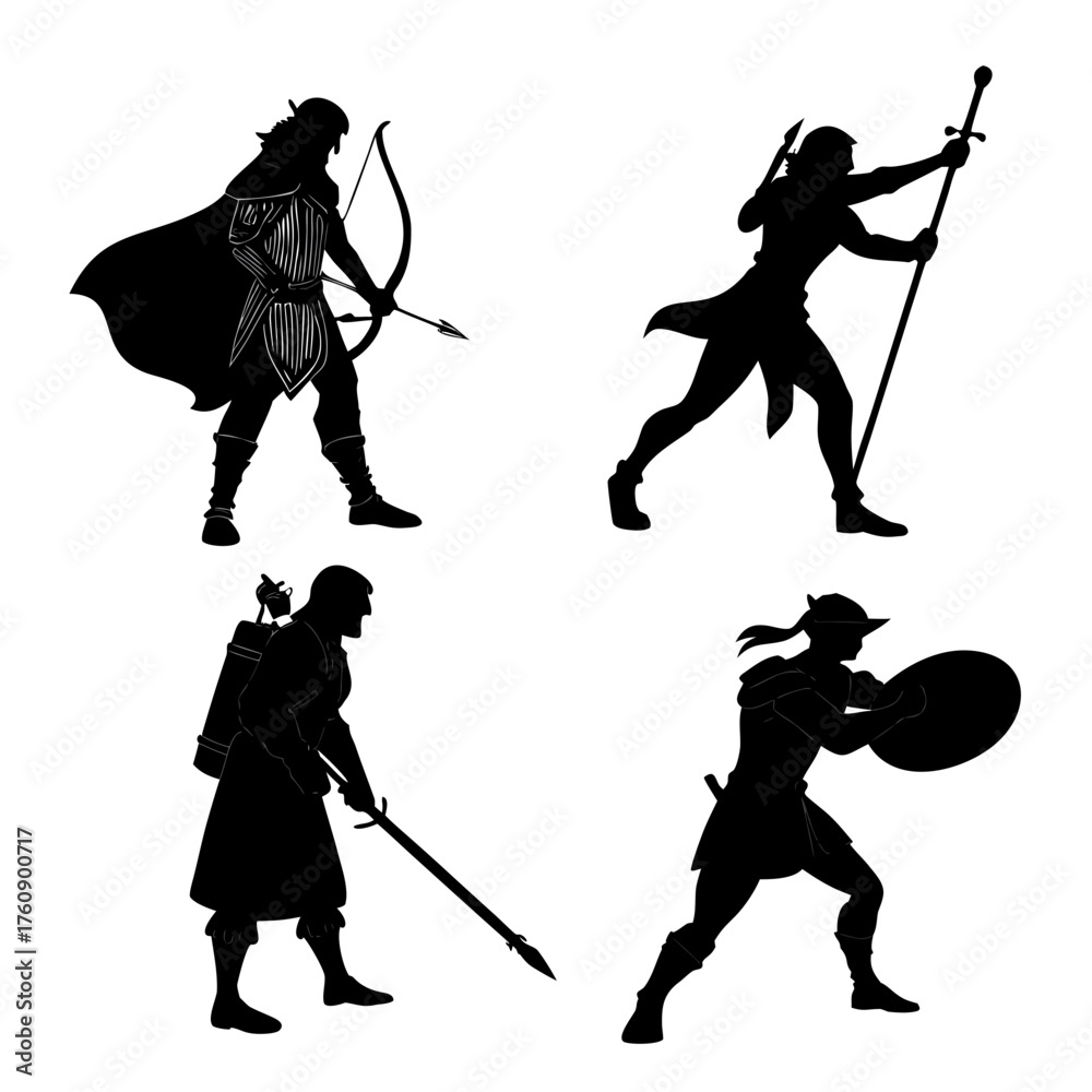 Naklejka premium Vector art of set of fantasy warrior silhouettes, including archer and spearman