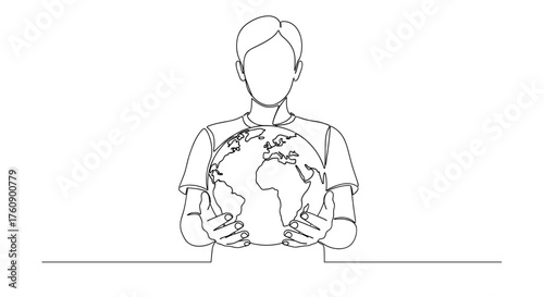 Continuous line drawing of person holding earth globe world environment day save earth eco friendly concept